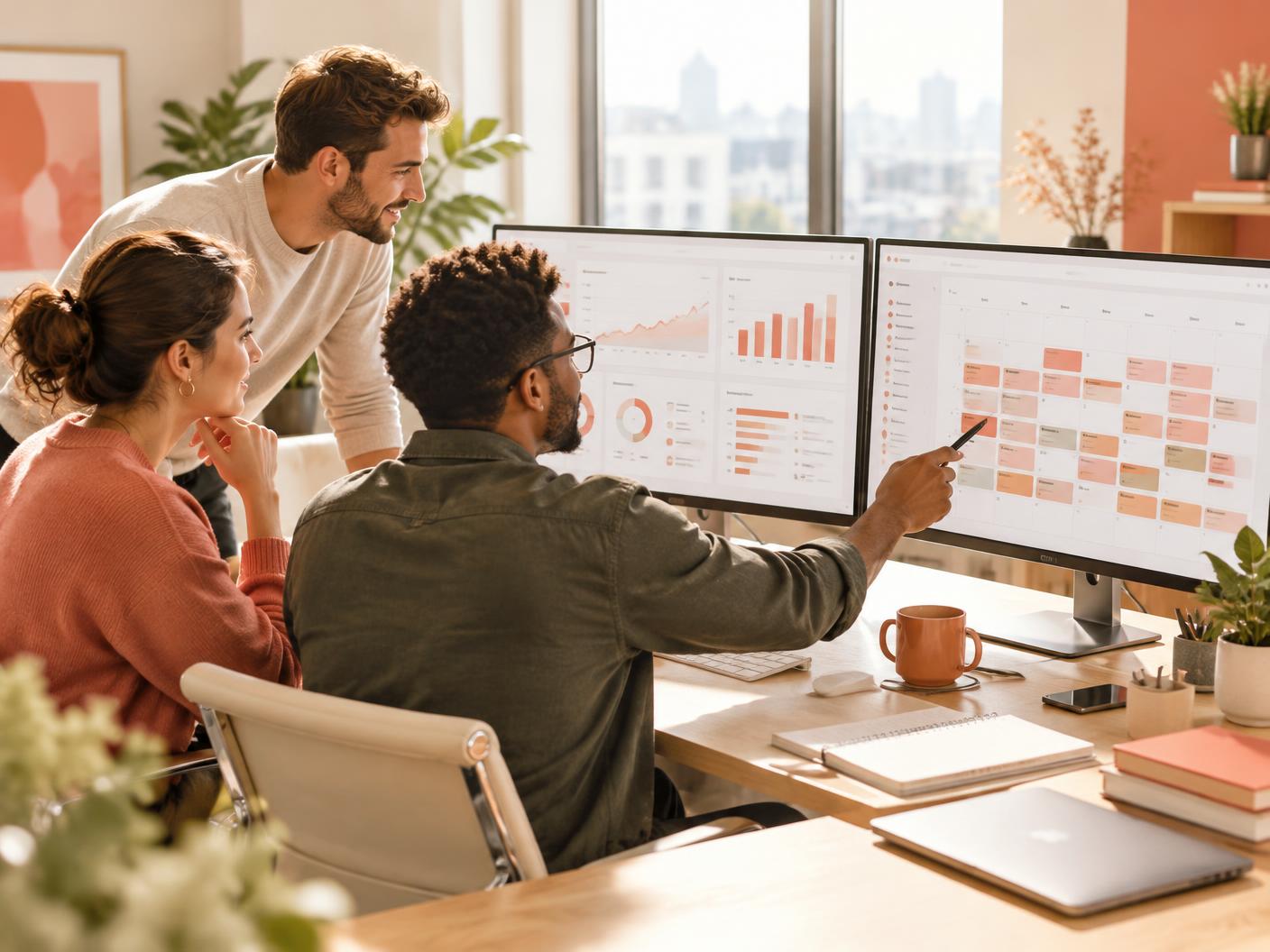 Sales team reviewing outbound campaign results and a full meeting calendar